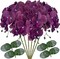 6 Pcs Artificial Phalaenopsis Flowers with 4 Bundles Leaves Artificial Orchid Flowers Stem Plants for Home Décor (Purple Piebald)
